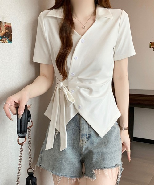 2ly2（トゥーリートゥー）の「サイドリボン カシュクール風ポロトップス（Tシャツ/カットソー・レディース・ブルー/ボルドー/ホワイト/ブラック・FREE）」の19枚目の写真