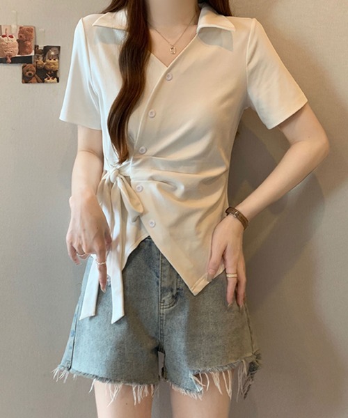 2ly2（トゥーリートゥー）の「サイドリボン カシュクール風ポロトップス（Tシャツ/カットソー・レディース・ブルー/ボルドー/ホワイト/ブラック・FREE）」の17枚目の写真