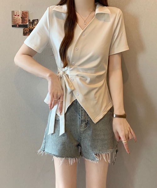 2ly2（トゥーリートゥー）の「サイドリボン カシュクール風ポロトップス（Tシャツ/カットソー・レディース・ブルー/ボルドー/ホワイト/ブラック・FREE）」の16枚目の写真
