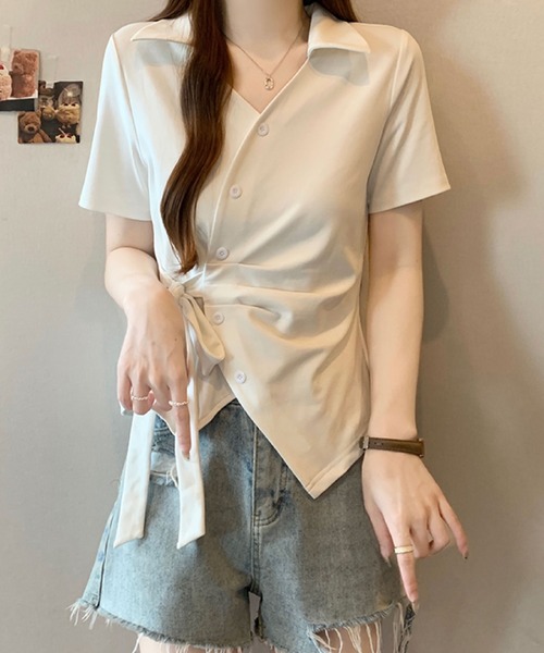 2ly2（トゥーリートゥー）の「サイドリボン カシュクール風ポロトップス（Tシャツ/カットソー・レディース・ブルー/ボルドー/ホワイト/ブラック・FREE）」の15枚目の写真