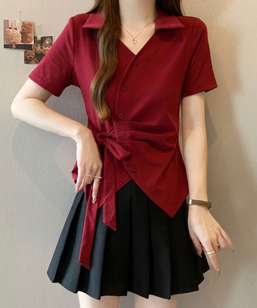 2ly2（トゥーリートゥー）の「サイドリボン カシュクール風ポロトップス（Tシャツ/カットソー・レディース・ブルー/ボルドー/ホワイト/ブラック・FREE）」の10枚目の写真