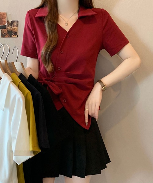 2ly2（トゥーリートゥー）の「サイドリボン カシュクール風ポロトップス（Tシャツ/カットソー・レディース・ブルー/ボルドー/ホワイト/ブラック・FREE）」の5枚目の写真