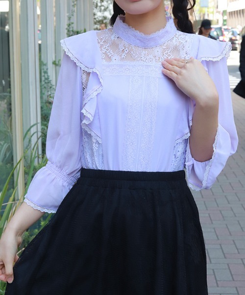 axes femme(アクシーズファム)の「レース×シフォン七分袖ブラウス(シャツ/ブラウス・レディース・ラベンダー/キナリ/ブラック・FREE)」の3枚目の写真