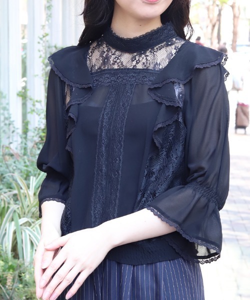 axes femme(アクシーズファム)の「レース×シフォン七分袖ブラウス(シャツ/ブラウス・レディース・ラベンダー/キナリ/ブラック・FREE)」の2枚目の写真