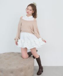ニット×リボンシャツミニワンピ