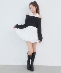 ニット×リボンシャツミニワンピ