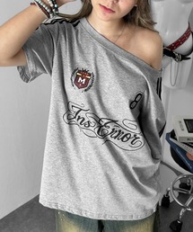 【スポーツmixするならこれ!】ルーズネックスポーティーTシャツ / 半袖 ユニフォーム ゲーミングシャツ オーバーサイズ ワンショルダー オフショルダー 華奢見え メンズライク ストリート 韓国 海外ガール 3カラー ホワイト ブラック グレー
