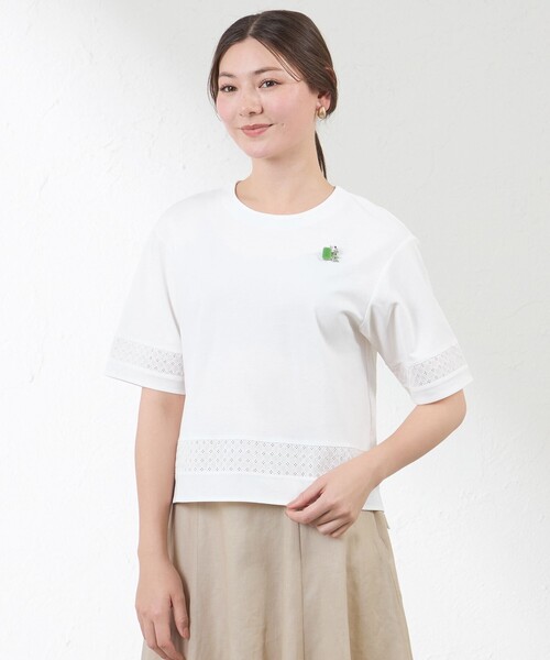amaca(アマカ)の「コンパクトコットン レース切替カットソー(Tシャツ/カットソー・レディース・ダークネイビー/オフホワイト/ブルー系その他2・38/40)」の1枚目の写真