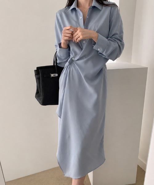 mielu(ミエル)の「アシメドレープシャツワンピース(シャツワンピース・レディース・ブルー/ブラック・MEDIUM/LARGE)」の2枚目の写真
