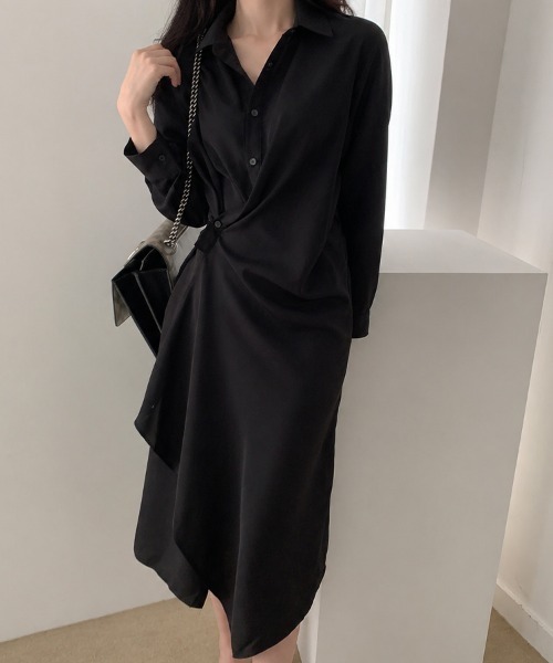 mielu(ミエル)の「アシメドレープシャツワンピース(シャツワンピース・レディース・ブルー/ブラック・MEDIUM/LARGE)」の1枚目の写真