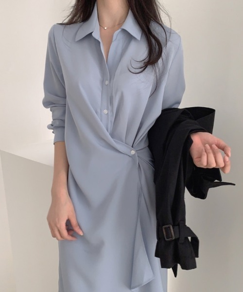 mielu(ミエル)の「アシメドレープシャツワンピース(シャツワンピース・レディース・ブルー/ブラック・MEDIUM/LARGE)」の3枚目の写真