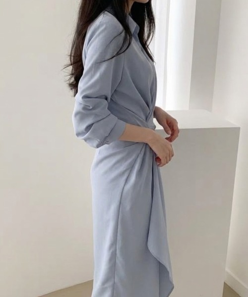 mielu(ミエル)の「アシメドレープシャツワンピース(シャツワンピース・レディース・ブルー/ブラック・MEDIUM/LARGE)」の5枚目の写真