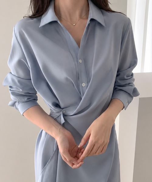 mielu(ミエル)の「アシメドレープシャツワンピース(シャツワンピース・レディース・ブルー/ブラック・MEDIUM/LARGE)」の6枚目の写真