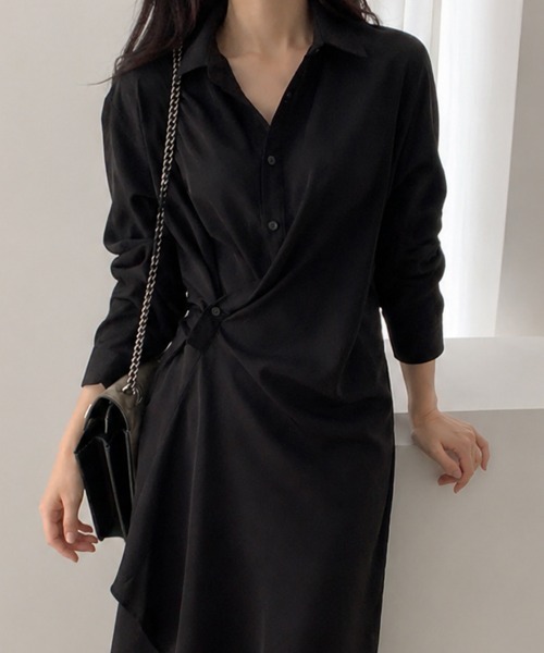 mielu(ミエル)の「アシメドレープシャツワンピース(シャツワンピース・レディース・ブルー/ブラック・MEDIUM/LARGE)」の8枚目の写真