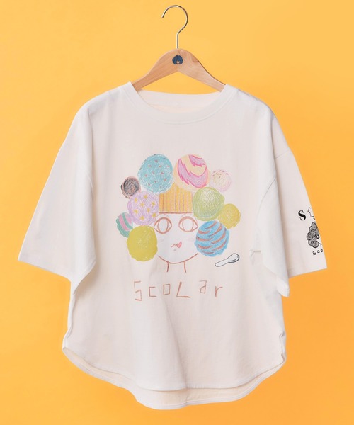 ScoLar(スカラー)の「162679:【イラスト募集】頭の中はアイスクリームでいっぱい柄Tシャツ(Tシャツ/カットソー・レディース・オフホワイト/チャコールグレー・M)」の1枚目の写真