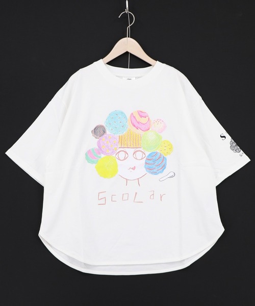 ScoLar(スカラー)の「162679:【イラスト募集】頭の中はアイスクリームでいっぱい柄Tシャツ(Tシャツ/カットソー・レディース・オフホワイト/チャコールグレー・M)」の3枚目の写真