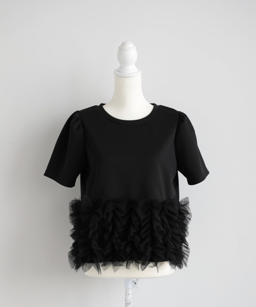 M y u(ミュー)の「裾FLOWERチュールTee (半袖)(Tシャツ/カットソー・レディース・ブラック/ホワイト/ピンク・ML)」の9枚目の写真