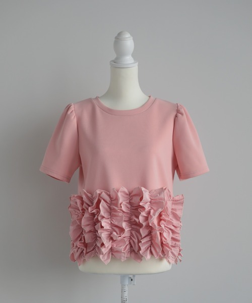 M y u(ミュー)の「裾FLOWERチュールTee (半袖)(Tシャツ/カットソー・レディース・ブラック/ホワイト/ピンク・ML)」の10枚目の写真