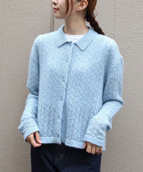 MEYAME(メヤメ)の「MEYAME/メヤメ ウールレースニットカーディガン WOOL LACE KNIT CARDIGAN MEY-2527(カーディガン/ボレロ・レディース・オレンジ/ブルー・FREE)」の5枚目の写真