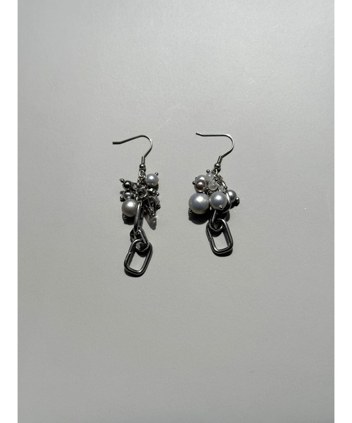 MTK　ピアス musk】マットシルバービーズとチェーンパーツのピアス(MA)（ピアス（両