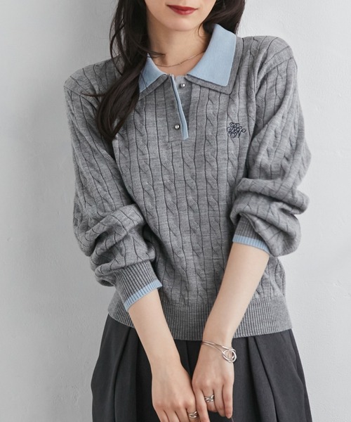 RANAN(ラナン)の「ダブルカラーニットポロ(ニット/セーター・レディース・ネイビー/グレー/ブラウン・M/LL/L)」の1枚目の写真