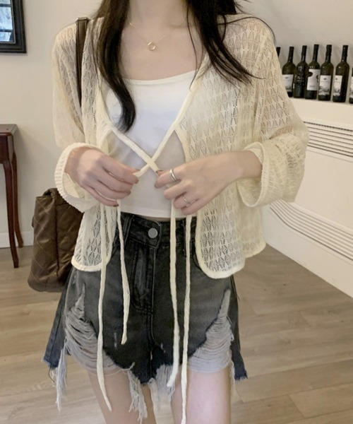 Miniministore(ミニミニストア)の「透かし編み シアーカーディガン 長袖夏服(カーディガン/ボレロ・レディース・ホワイト/ライトブルー/アイボリー/ミント・FREE)」の2枚目の写真