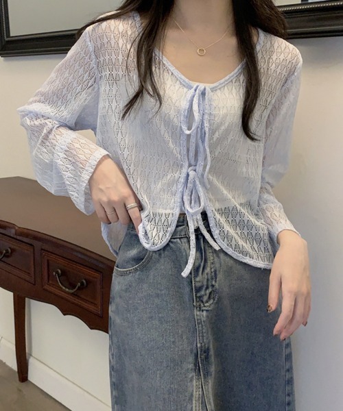 Miniministore(ミニミニストア)の「透かし編み シアーカーディガン 長袖夏服(カーディガン/ボレロ・レディース・ホワイト/ライトブルー/アイボリー/ミント・FREE)」の4枚目の写真