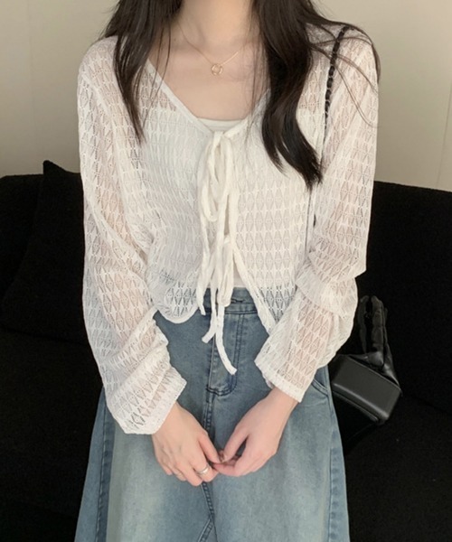 Miniministore(ミニミニストア)の「透かし編み シアーカーディガン 長袖夏服(カーディガン/ボレロ・レディース・ホワイト/ライトブルー/アイボリー/ミント・FREE)」の21枚目の写真