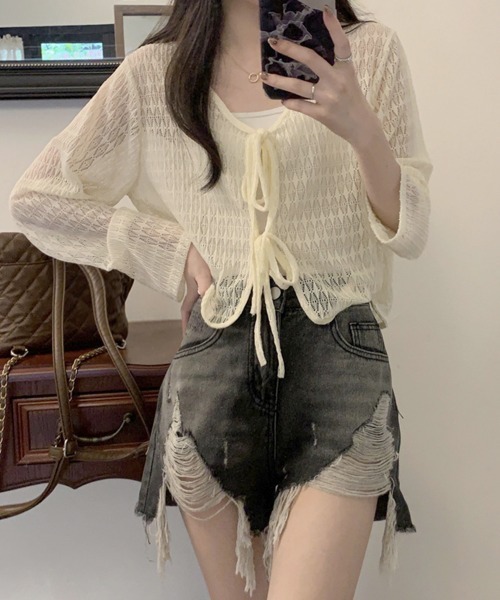 Miniministore(ミニミニストア)の「透かし編み シアーカーディガン 長袖夏服(カーディガン/ボレロ・レディース・ホワイト/ライトブルー/アイボリー/ミント・FREE)」の18枚目の写真