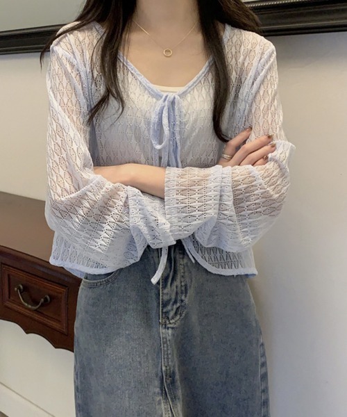 Miniministore(ミニミニストア)の「透かし編み シアーカーディガン 長袖夏服(カーディガン/ボレロ・レディース・ホワイト/ライトブルー/アイボリー/ミント・FREE)」の17枚目の写真