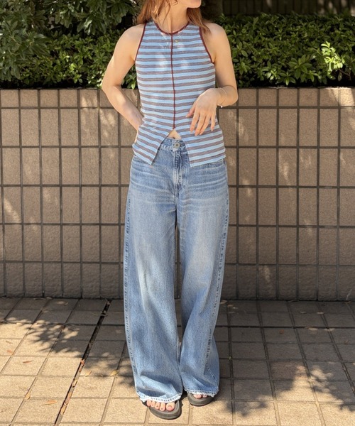 Robert P.Miller(ロバート ピー ミラー)の「【Robert P.Miller/ロバートピーミラー】Prib Slit Tank パット付きスリットタンクトップ / アメスリ / ボーダー(タンクトップ・レディース・ブラウン/ブルー/イエロー・フリー)」の6枚目の写真