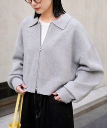 【anyway.シリーズ】着回し自在|スウェットライクニット ショート ダブルジップカーディガン