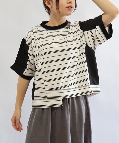 etre relie(エトレリー)の「布帛コンビ アシンメトリーボーダーカットソー(Tシャツ/カットソー・レディース・ホワイト系その他/ブラック系その他・MEDIUM)」の1枚目の写真