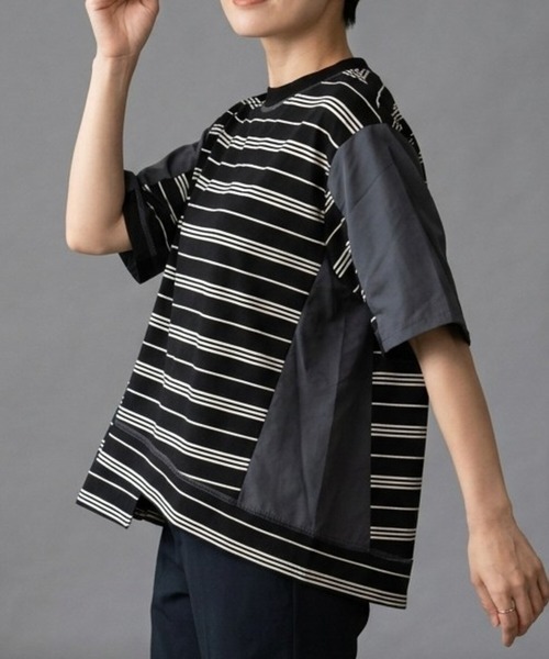 etre relie(エトレリー)の「布帛コンビ アシンメトリーボーダーカットソー(Tシャツ/カットソー・レディース・ホワイト系その他/ブラック系その他・MEDIUM)」の2枚目の写真
