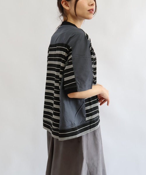 etre relie(エトレリー)の「布帛コンビ アシンメトリーボーダーカットソー(Tシャツ/カットソー・レディース・ホワイト系その他/ブラック系その他・MEDIUM)」の4枚目の写真