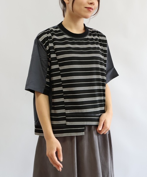etre relie(エトレリー)の「布帛コンビ アシンメトリーボーダーカットソー(Tシャツ/カットソー・レディース・ホワイト系その他/ブラック系その他・MEDIUM)」の5枚目の写真