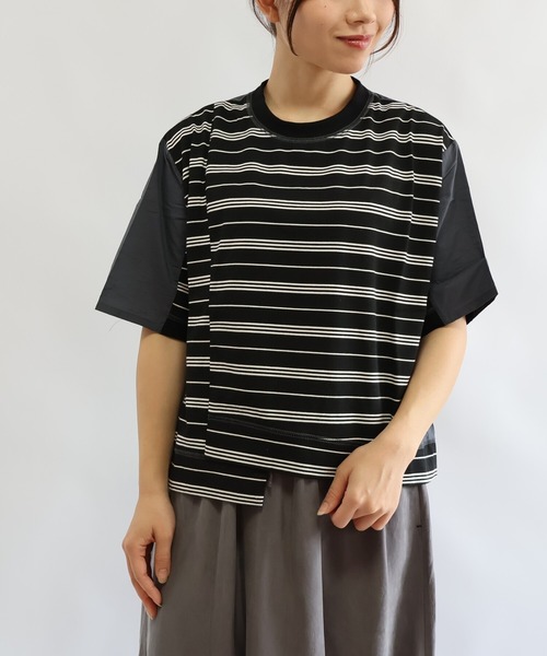 etre relie(エトレリー)の「布帛コンビ アシンメトリーボーダーカットソー(Tシャツ/カットソー・レディース・ホワイト系その他/ブラック系その他・MEDIUM)」の6枚目の写真