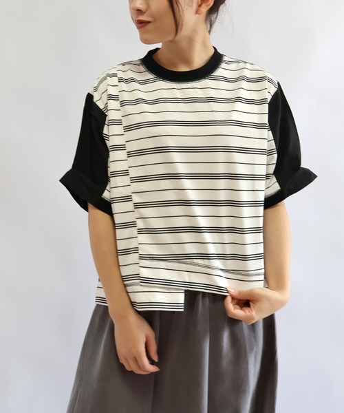 etre relie(エトレリー)の「布帛コンビ アシンメトリーボーダーカットソー(Tシャツ/カットソー・レディース・ホワイト系その他/ブラック系その他・MEDIUM)」の10枚目の写真