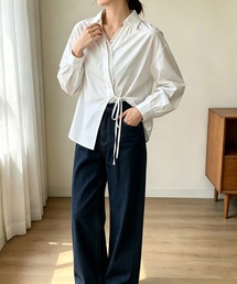 レーストリム長袖ブラウス サイドリボン紐付き 個性的デザイン レディースシャツ