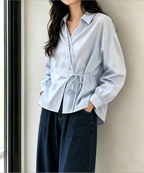 MAISON DE THERESE(メゾン ド テレーズ)の「レーストリム長袖ブラウス サイドリボン紐付き 個性的デザイン レディースシャツ(シャツ/ブラウス・レディース・ブルー/Yellow/White・M)」の2枚目の写真
