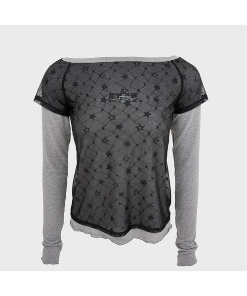 PLASMASPHERE(プラズマスフィア)の「DAZZLE ドローイング レイヤード ボートネック オフショルダー スリムフィット Tシャツ_2COLOR(Tシャツ/カットソー・レディース・スカイブルー/ライトグレー・FREE)」の2枚目の写真
