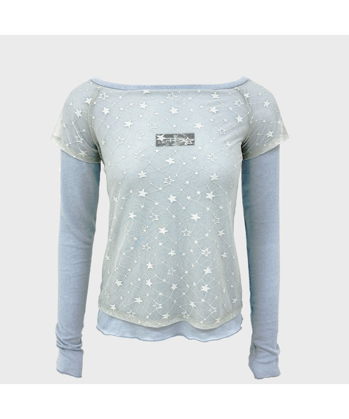 PLASMASPHERE(プラズマスフィア)の「DAZZLE ドローイング レイヤード ボートネック オフショルダー スリムフィット Tシャツ_2COLOR(Tシャツ/カットソー・レディース・スカイブルー/ライトグレー・FREE)」の1枚目の写真