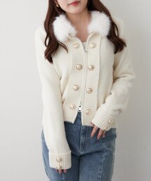 ファー衿W釦ZIPカーディガン