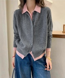 配色襟付きカーディガン風ケーブル編みトップス