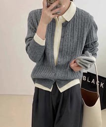 配色襟付きカーディガン風ケーブル編みトップス