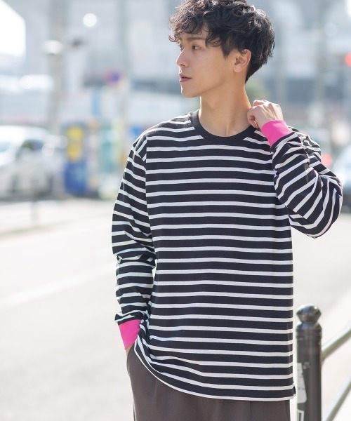 improves(インプローブス)の「リブカラー切替長袖ボーダーTシャツ(Tシャツ/カットソー)」|ブラック×ホワイト