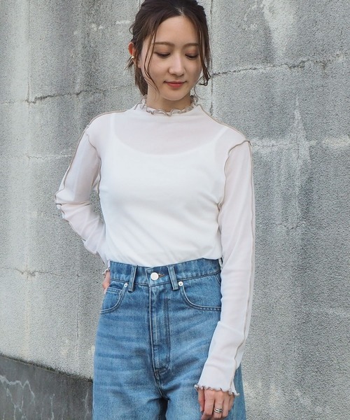 tiptop（ティップトップ）の「2020AW ハイネックシアーメローロンT（Tシャツ/カットソー・レディース・オフホワイト/ブラック/グレイッシュベージュ・FREE）」の4枚目の写真