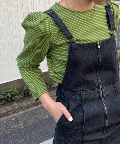 Kastane（カスタネ）の「パフボーダー７分袖Tee（Tシャツ/カットソー・レディース・サックスブルー/ピンク/グリーン・FREE）」の2枚目の写真