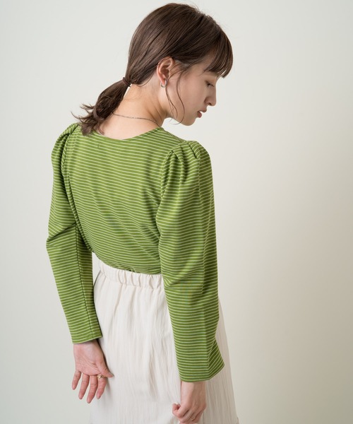 Kastane（カスタネ）の「パフボーダー７分袖Tee（Tシャツ/カットソー・レディース・サックスブルー/ピンク/グリーン・FREE）」の6枚目の写真