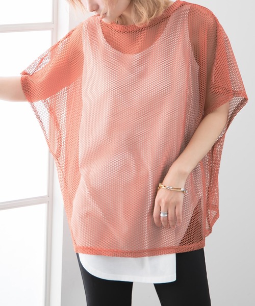 Newlyme(ニューリーミー)の「インナー付メッシュシアートップス(Tシャツ/カットソー・レディース・ブラック/ベージュ/オレンジ・MEDIUM/LARGE)」の2枚目の写真